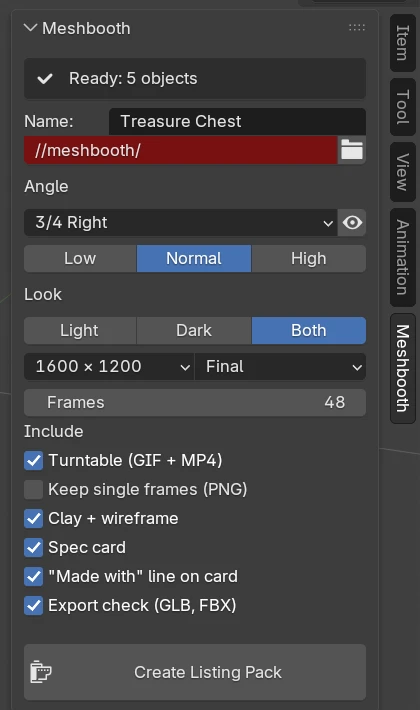 The Meshbooth panel in Blender, ending with the Create Listing Pack button