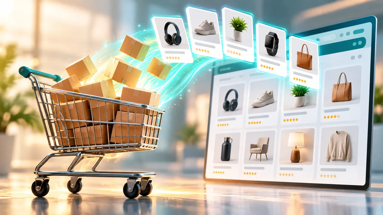 Course image: a shopping cart of boxes turning into product cards in an online store