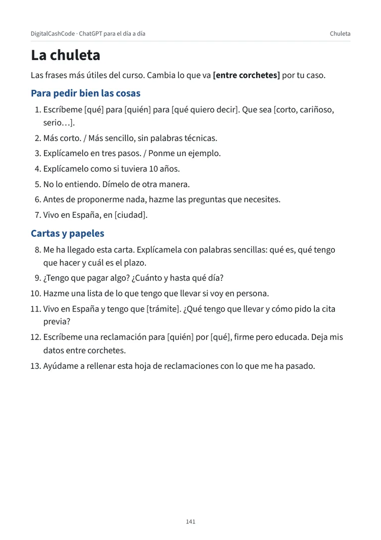 Primera página de la chuleta con las frases más útiles del curso