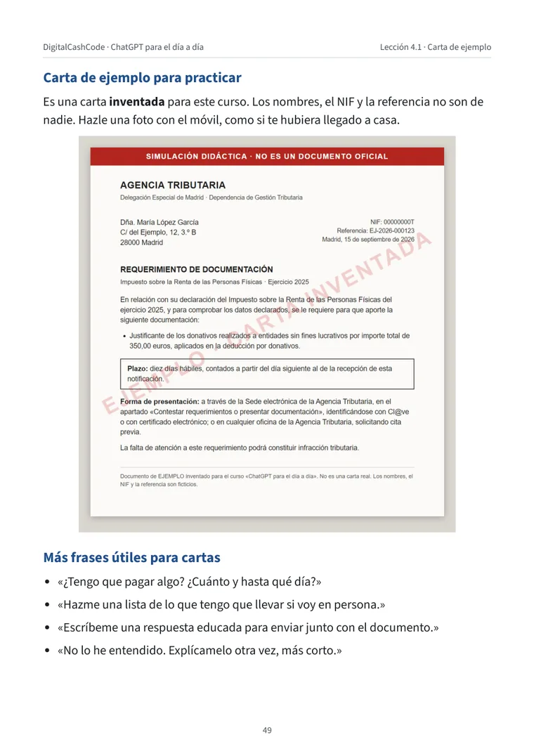 Carta de ejemplo inventada de la Agencia Tributaria, con la marca de simulación