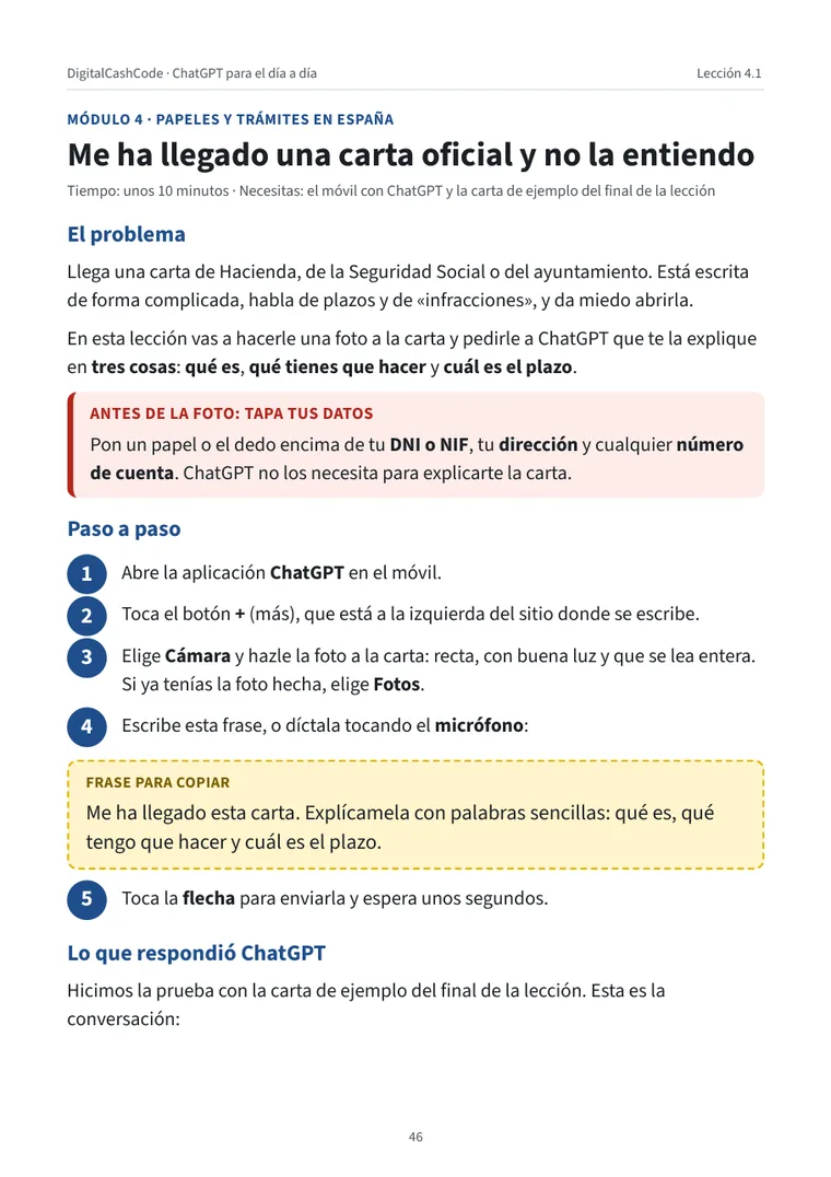 Primera página de la lección 4.1, «Me ha llegado una carta oficial y no la entiendo»