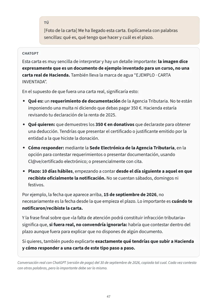Página con la respuesta real de ChatGPT a la carta de ejemplo